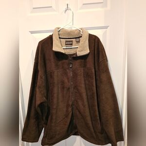St. John's Bay men's full-zip fleece jacket in brown with a beige collar.